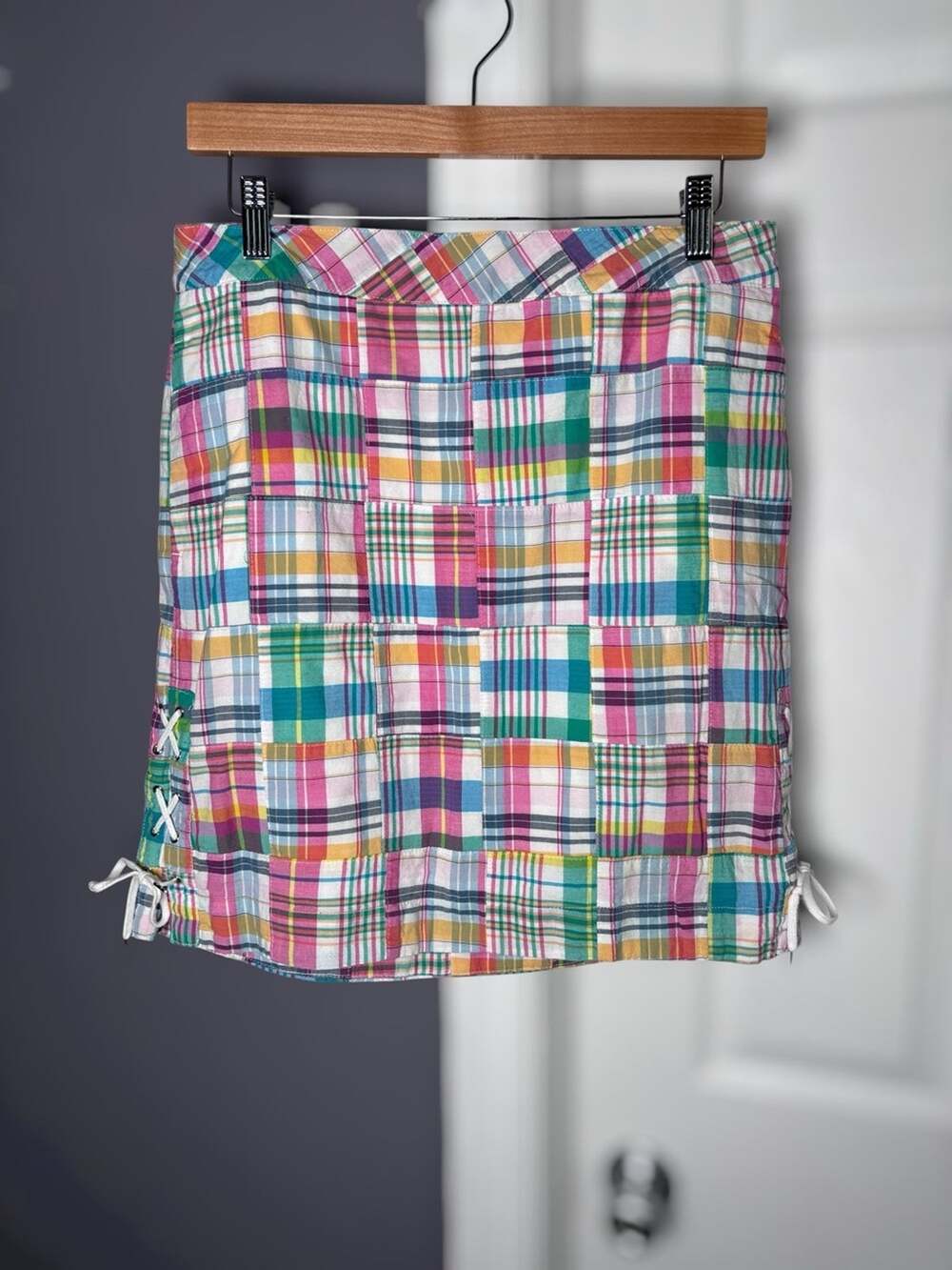 Talbots Pink White Multicolor Plaid Cotton Skirt Side Lace Up Size 8P